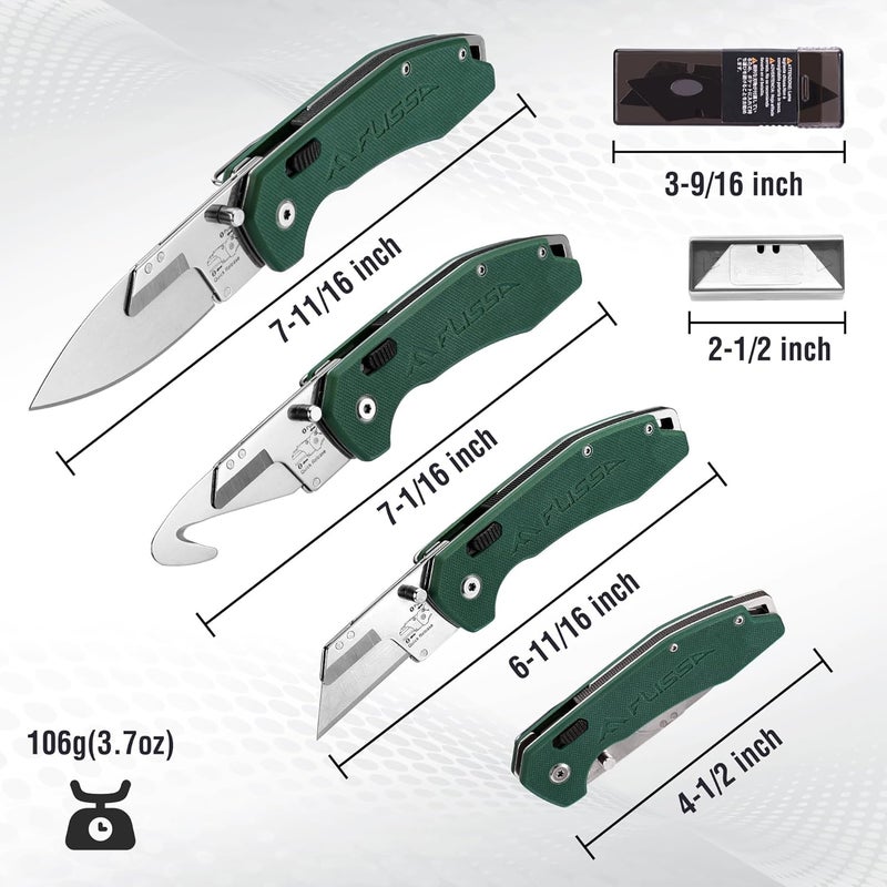 FLISSA Replaceable Blade Folding Knife, 3-in-1 Pocket Hunting Knives, Liner Lock Knife for Hunting, Skinning & Field Dressing, Green G10 Handle, Includes 16 Blades - Image 3